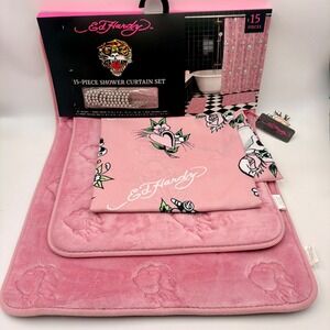 Ed Hardy 15 Piece Shower Curtain Set Pink Tattoo Art Skull Rose Memory Foam Rugs